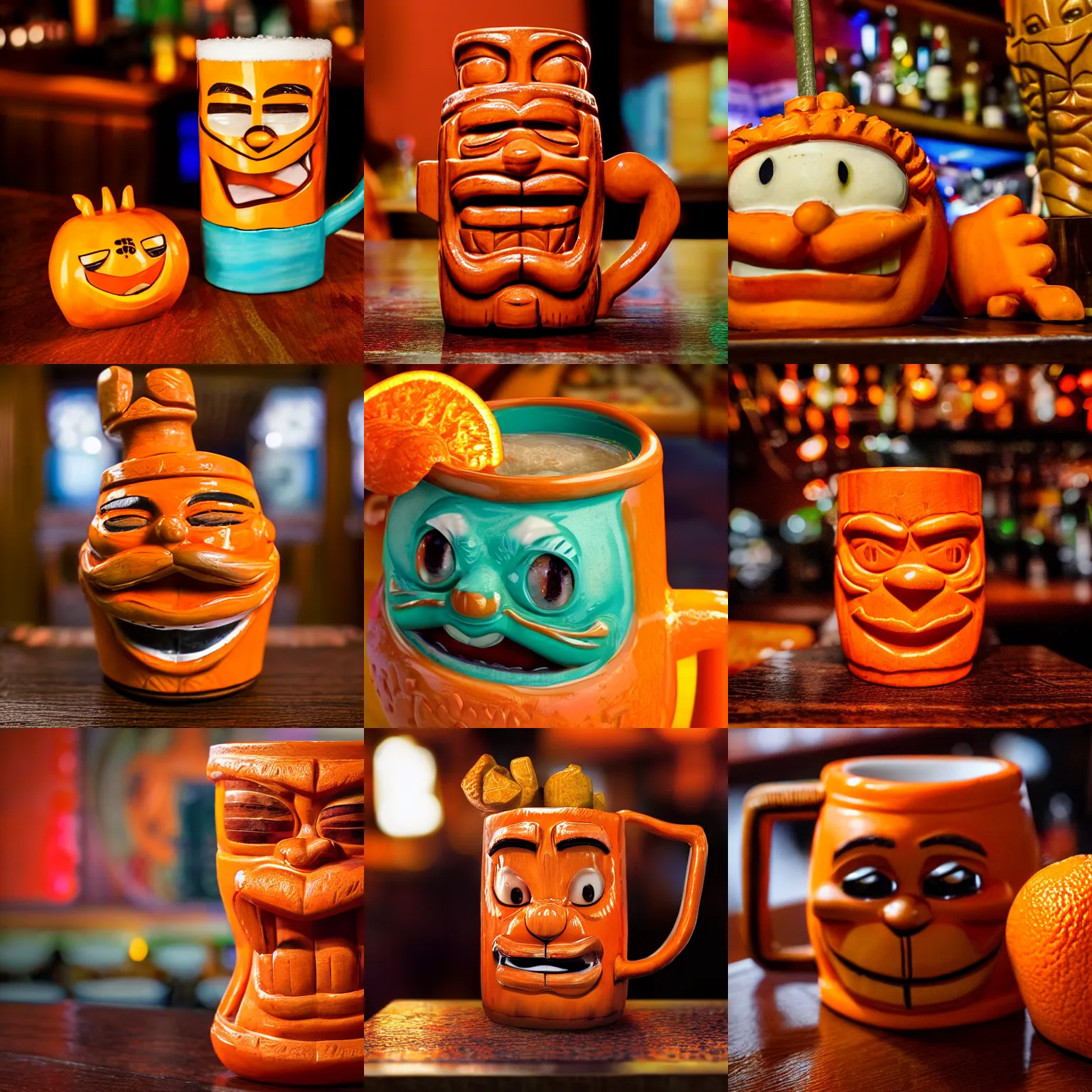 Prompt: a closeup photorealistic photograph of an orange garfield style tiki mug at a trader vic's bar with garfield's face on the front. tiki party. bright scene. fine detail. this 4 k hd image is trending on artstation, featured on behance, well - rendered, extra crisp, features intricate detail, epic composition and the style of unreal engine.