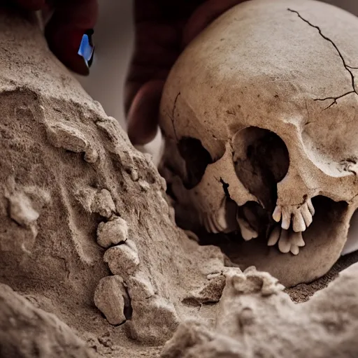 Image similar to a team of archeologists uncovering the skull of a giant. Award winning photography. 15mm lens