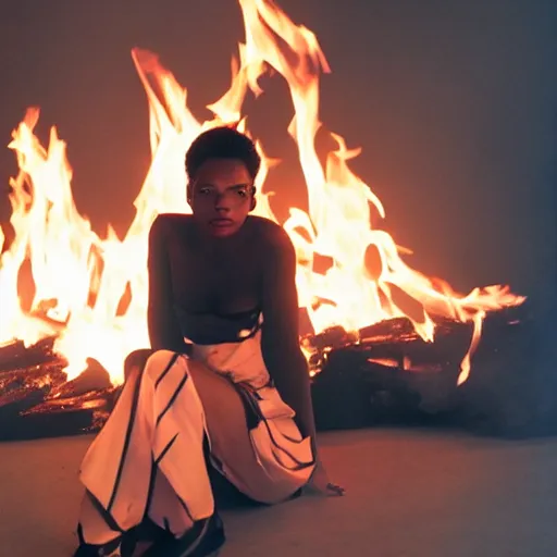 Image similar to realistic! photoshoot for a new chanel lookbook, color film photography, portrait of a beautiful woman, fire in the background, in style of tyler mitchell, 35mm