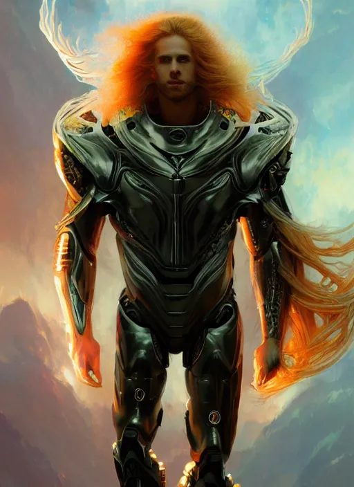 Prompt: a handsome blond genetically engineered male cyborg, super evil scintillating fiery radiance, long curly blond hair, very very pale blond hair, fighting with angles glitching out from his psychic resonant presence, very very extreme heavy chromatic aberration, by Julian calle, wlop, Denis Villeneuve, greg rutkowski and thomas kinkade, Finnian MacManus, Syd Mead, Trending on artstation, white and yellow scheme, 8k, wide-angle lens, Unreal Engine