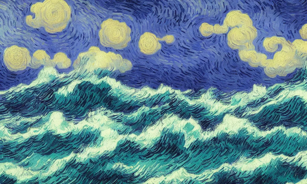 Image similar to dramatic seascape painted by Vincent van Gogh, vivid colors, high details, cinematic, 8k resolution, beautiful detailed, photorealistic, digital painting, artstation, concept art, smooth, sharp focus, illustration, fantasy background, artstation trending, octane render, unreal engine