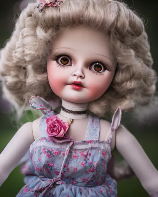 Image similar to high quality presentation photo of a cute Liza Simpsons porcelain doll in the style of mark ryden photography 4k, f1.8 anamorphic, bokeh, 4k, Canon, Nikon