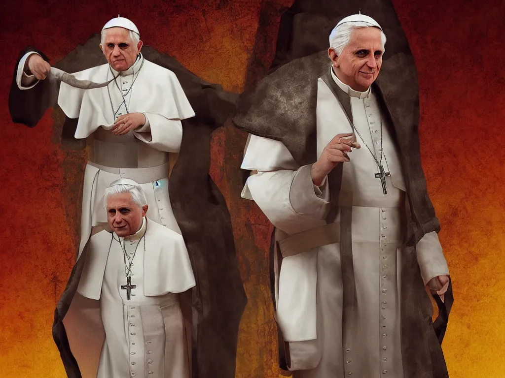 Prompt: pope benedict XVI digital art as the loading screen of GTA V, grand theft auto, golden hour lighting, graphic art,