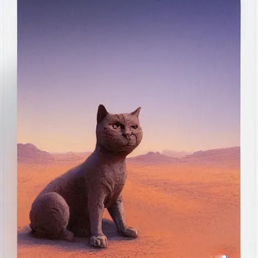 Image similar to painting of an ancient cat statue on mars surface, visible in distance, partially covered in dust, style of greg rutkowski