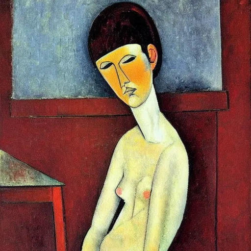 Image similar to sculpture representing anxiety and poverty by Amedeo Modigliani, Italian/French painter and sculptor