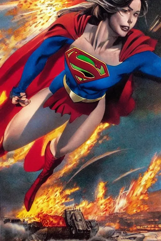 Prompt: a dramatic scene of supergirl leaping onto a tank and smashing it, on a battlefield, smoke, fires, explosions, manga art by noriyoshi ohrai, close - up, low angle, wide angle, highly detailed digital art