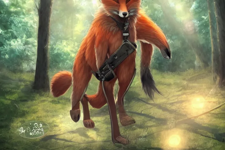 Image similar to an oversized fox, saddled and harnessed, walking through a forest, glowing with silver light, today's featured anime still, 1 6 k, character design, furry art, furaffinity