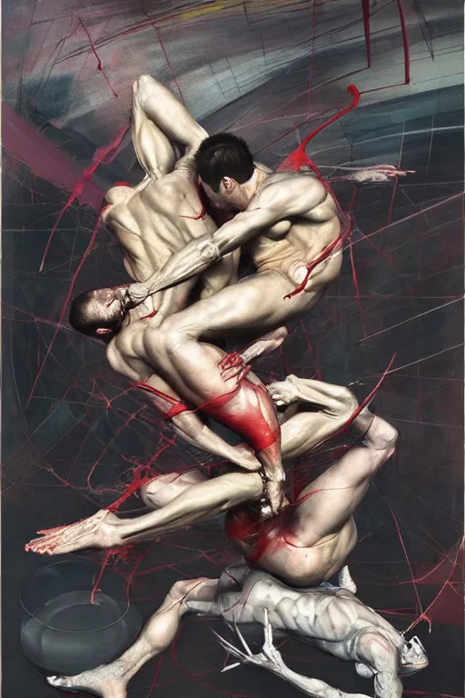 Image similar to two muscular men entwined, floating inside a brutalist space ship, gothic, rich deep colours, painted by francis bacon, adrian ghenie, james jean, petra cortright and jenny saville, part by gerhard richter, part by takato yamamoto. 8 k 3 d