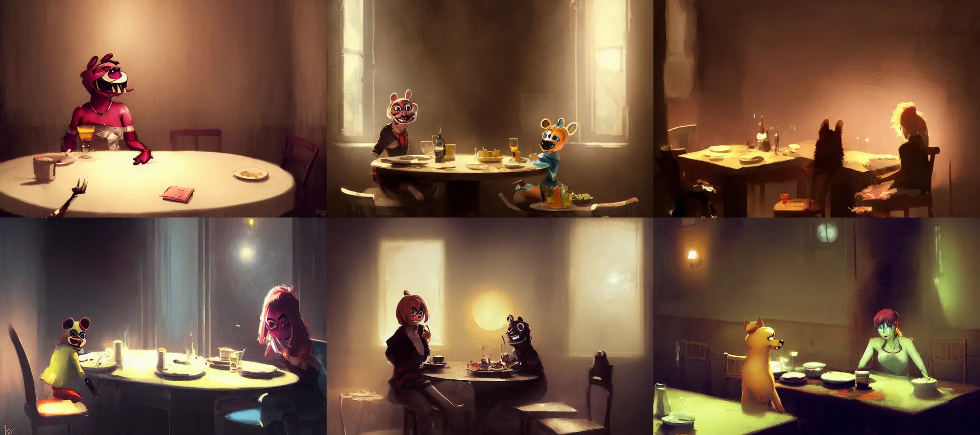 Prompt: roxy fnaf eating dinner at a table in the backrooms happiness is temporary by greg rutkowski