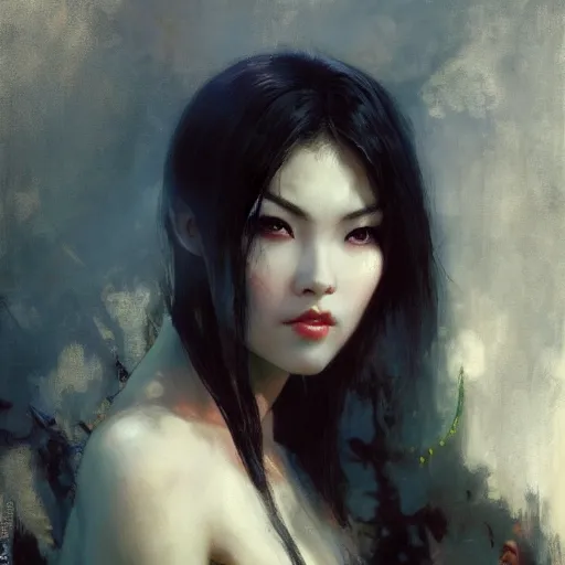 Prompt: detailed cinematic wide shot of beautiful attractive asian vampire woman slim face symettrical face clean skin black eyes black robe smooth, sharp focus, ultra realistic, spring light, painting by gaston bussiere, craig mullins, j. c. leyendecker