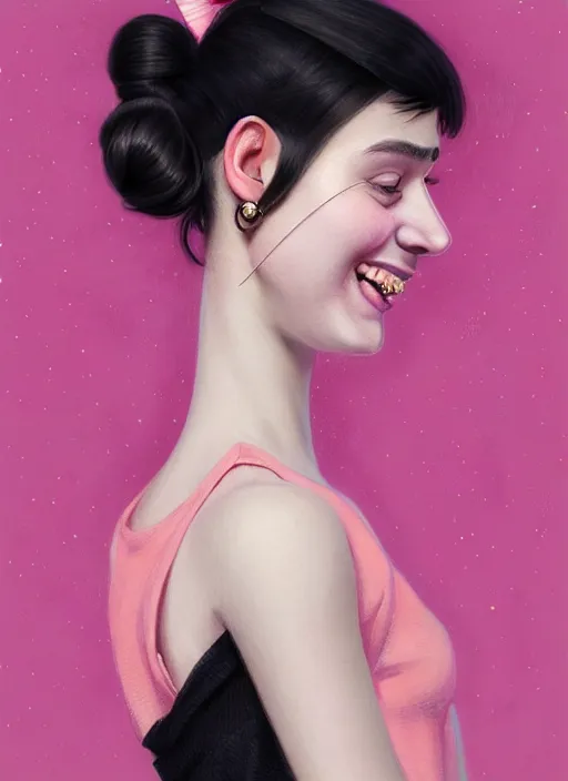 Image similar to portrait of teenage girl, realistic, black hair, bangs, half updo hairstyle, pointy nose, skinny, smile, ugly, defined jawline, big chin, pink hair bow, earrings, intricate, elegant, glowing lights, highly detailed, digital painting, artstation, sharp focus, illustration, art by wlop, mars ravelo and greg rutkowski