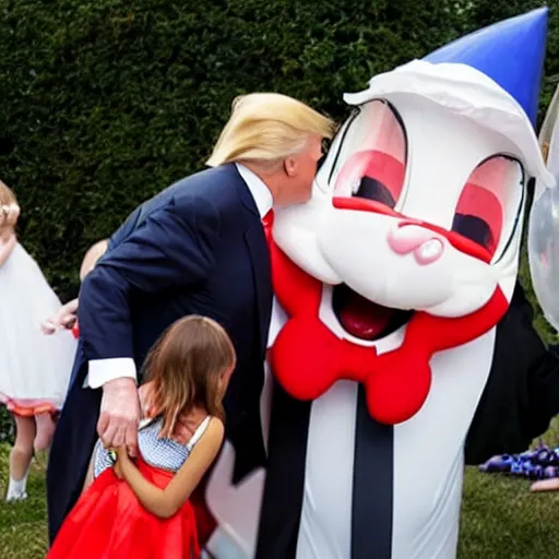 Image similar to Donald trump dressed as bugs bunny spying on children at a birthday party