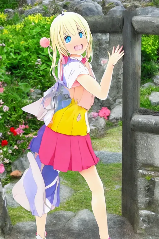 Image similar to a very cute art of a smiling blonde anime girl idol wearing a colorful dress walking at the garden, tongue out, cheeky, in the style of anime, near a stone gate