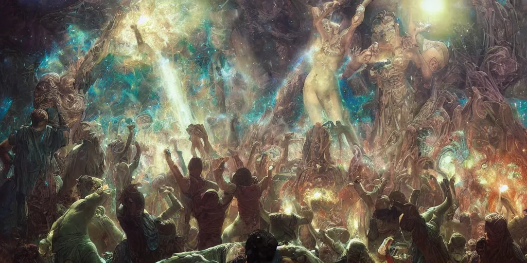 Image similar to supernova, stone jungles, people praying with hands up to the sky, stars, painted by steve mccurry, ruan jia, raymond swanland, lawrence alma tadema, zdzislaw beksinski, norman rockwell, jack kirby, tom lovell, alex malveda, greg staples