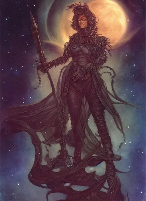 Image similar to portrait of female space pirate, night sky background, beautiful! coherent! by brom, by brian froud, deep color, strong line, high contrast