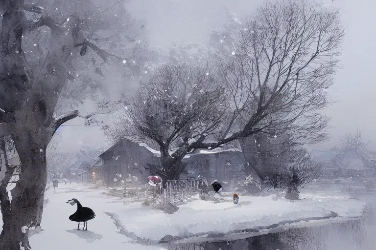 Image similar to a big mean goose, chinese village, trees, school, snow and winter watercolor, artastation ， soft lighting. by wenjun lin, tony sandoval