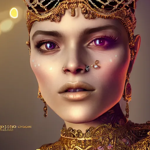 Image similar to portrait of pretty princess with perfect skin, glowing, ornate and intricate diamond jewelry, jaw dropping beauty, ornate and intricate backdrop, white accent lighting, hyper detailed, 4 k octane render