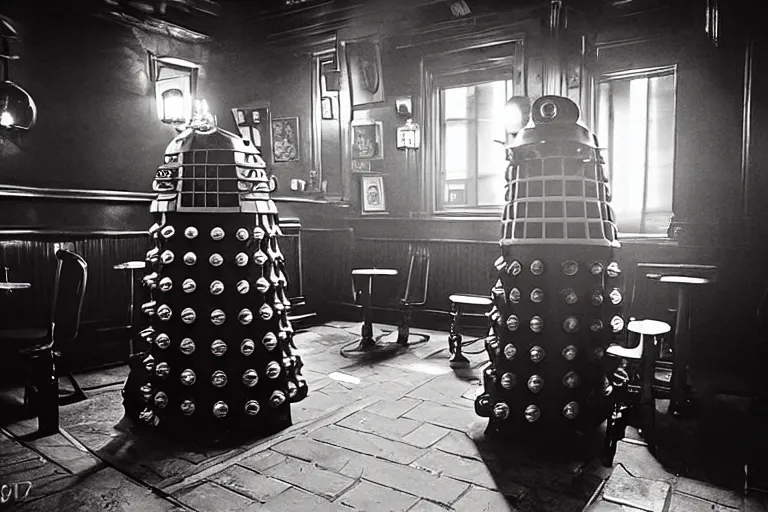 Image similar to photograph of a dalek in a traditional london pub, highly detailed, dramatic lighting, intense shadows, rich deep colours