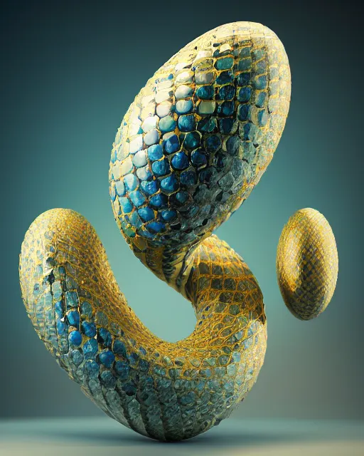 Image similar to a photo of a sculpture of a snake encircling a marble egg made from blue and emerald and amethyst crystal geode formations with liquid gold tendrils by jean pierre roy by stanisław szukalski by beeple, octane render, recursive, tendrils, tessellation, elestial crystals, geode, refracted light