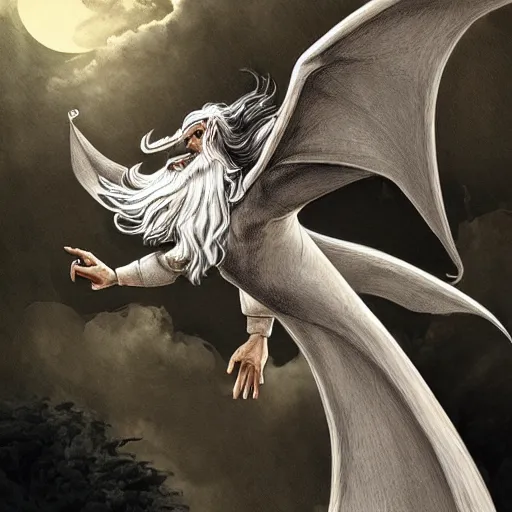 Image similar to gandalf, flying on dragon, highly detailed, digital art,