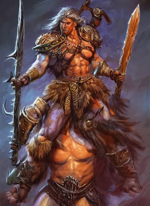 Image similar to barbarian, ultra detailed fantasy, dndbeyond, bright, colourful, realistic, dnd character portrait, full body, pathfinder, pinterest, art by ralph horsley, dnd, rpg, lotr game design fanart by concept art, behance hd, artstation, deviantart, hdr render in unreal engine 5