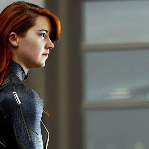 Image similar to A still of Shailene Woodley as Black Widow in Iron Man 2 (2010), close-up