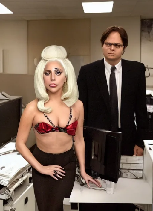 Image similar to lady gaga looking at the camera as if she was in the office ( 2 0 0 5 ), detailed background, next to dwight schrute.