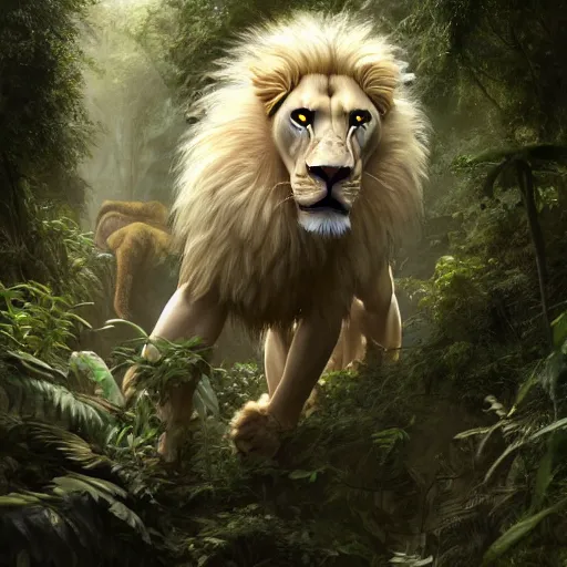 Prompt: commission portrait of a male anthro albino lion,wearing cargo pants and a boack t-shirt,going through a jungle cautiously.dramatic,character design by charles bowater,greg rutkowski,ross tran,hyperdetailed,hyperrealistic,4k,deviantart,artstation,professional photography,concept art