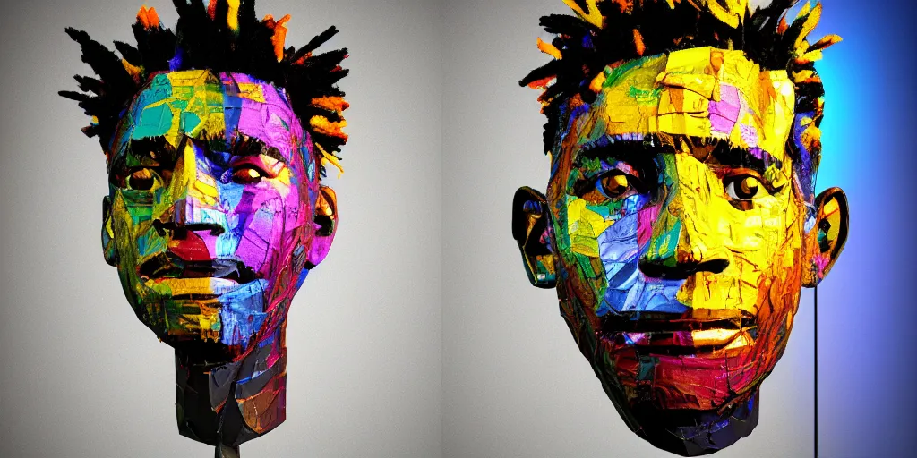 Image similar to a perfect bust of Jean-Michel Basquiat made out of crumpled colored foil, 3D cinematic lighting, spotlight at a 90 DEGREE ANGLE, photorealism, octane render, depth of field, 8k, 35mm, artgem, Trending on artstation