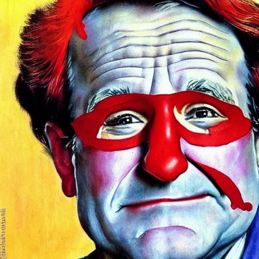 Image similar to Robin Williams as a sad clown painted by Norman Rockwell