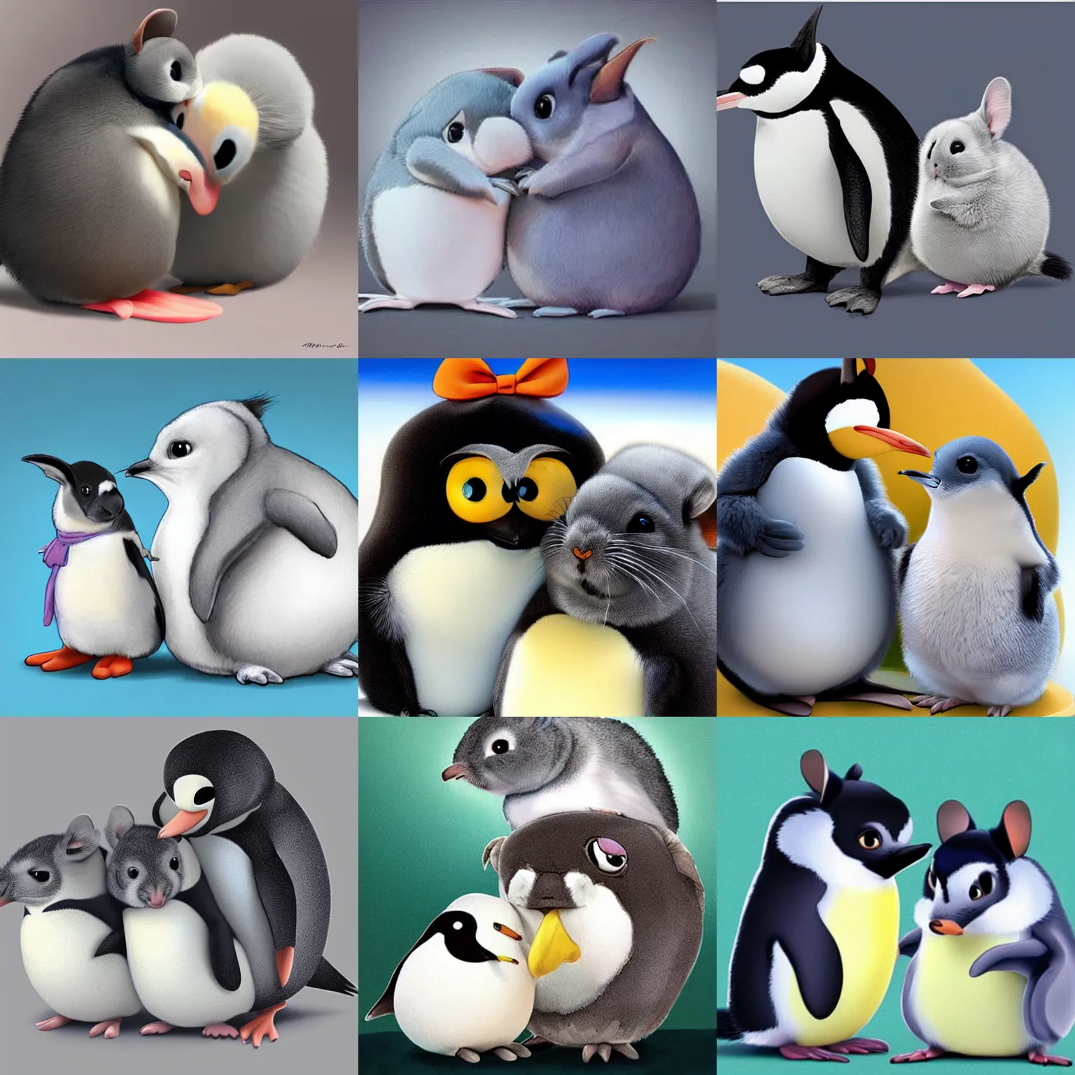 Prompt: disney pixar concept art for adorable chinchilla and a penguin snuggling