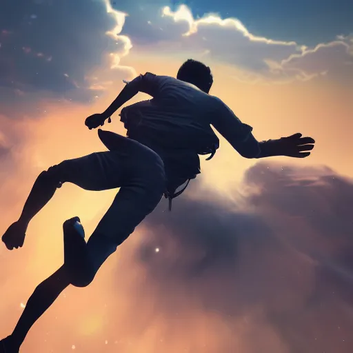 Prompt: running and falling on clouds, 4k, post-processing, detailed, artstation