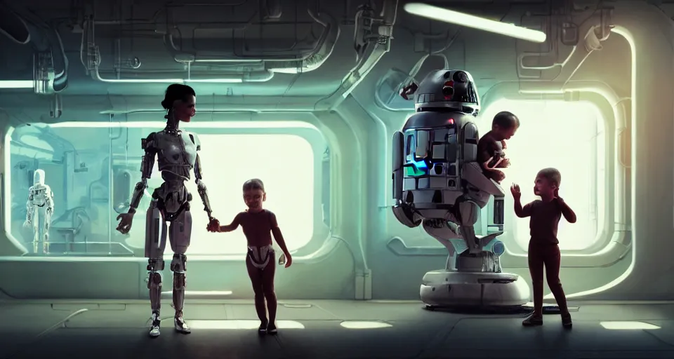 Image similar to a very realistic movie still of a cyborg woman holding a little cyborg kid baby in a cyborg factory, highly detailed render by beeple, syd meade, starwars, space art concept, sci - fi, digital art, unreal engine, wlop, trending on artstation, 4 k uhd image, octane render