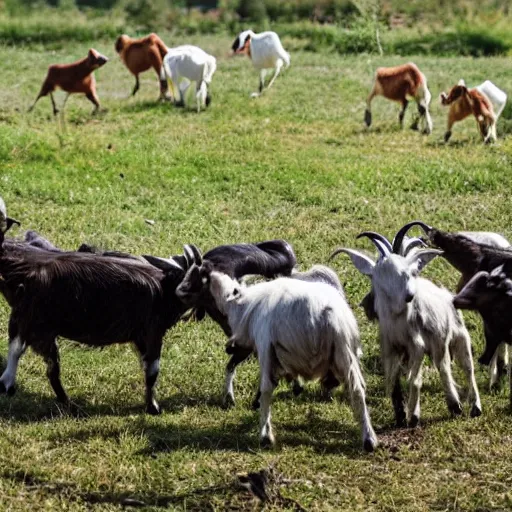 Prompt: scared guy running away from a pack of goats at the farm