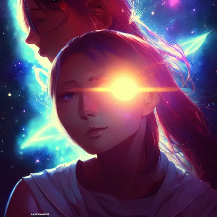 Image similar to thundering across the stars, planets, nebulae, cosmic, lens flare, anime style. realistic shaded lighting poster by ilya kuvshinov katsuhiro, magali villeneuve, artgerm, jeremy lipkin and michael garmash, rob rey and kentaro miura style, trending on art station, unreal engine, highly detailed, pixiv