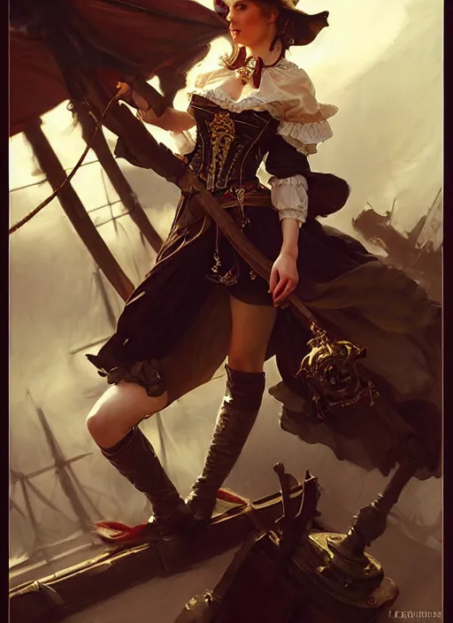 Prompt: rgb, thin, amouranth, pirate clothes, on a pirate ship, amazing composition & dynamic posing, by franz xavier leyendecker, wlop! muted colors, highly detailed, fantasy art by craig mullins, thomas kinkade cfg _ scale 9