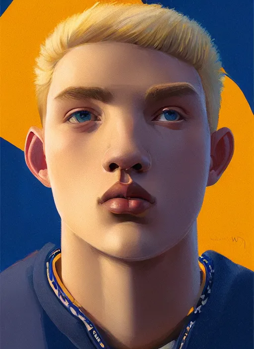 Image similar to portrait of high school senior boy named big moose, blonde short hair, jock, beefy, wide face, square jaw, square facial structure, blue varsity jacket with his name, intricate, elegant, glowing lights, highly detailed, digital painting, artstation, concept art, sharp focus, illustration, art by wlop, mars ravelo and greg rutkowski