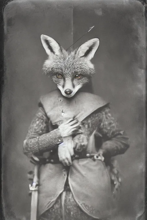 Prompt: a wet plate photo of an anthropomorphic fox dressed as robin hood