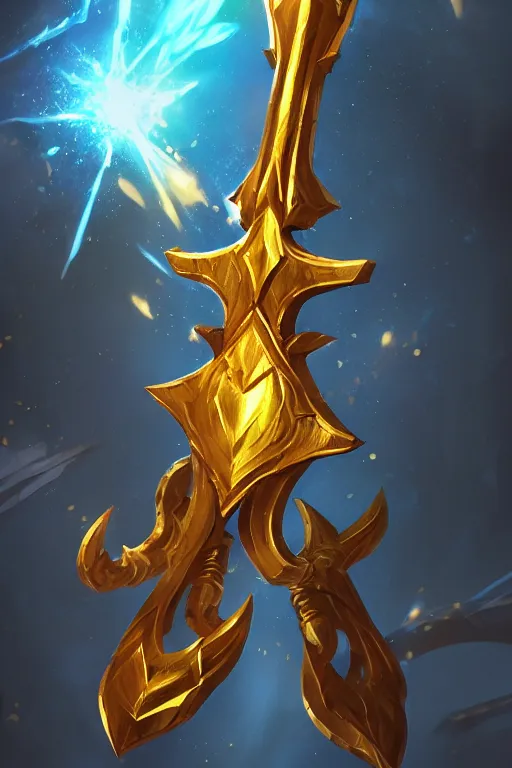 Image similar to a magical golden weapon, d & d, league of legends, concept art, blue background, dramatic lighting. realistic, epic legends, game icon, global illumination, ian pesty