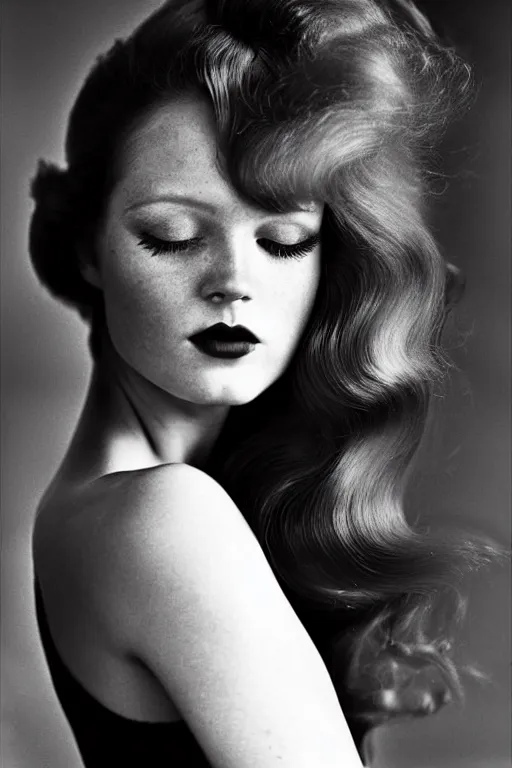 Prompt: stunning award - winning portrait by peter lindbergh of a beautiful young redheaded woman. vintage 1 9 7 0 s hollywood glamour. glossy shiny hair. high fashion makeup. canon 5 0 mm.