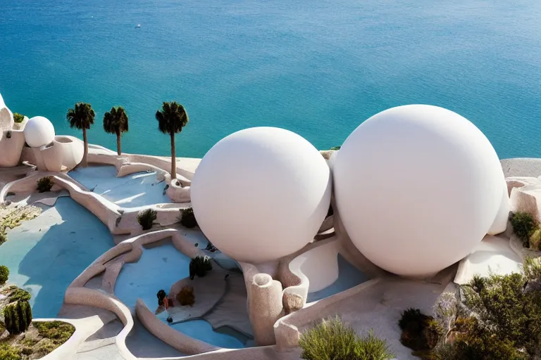Prompt: palais bulles architecture is formed by the intersection of many white egg shaped spherical spaces. on the calm lake, people's perspective, future, interior wood, marble, award winning, highly detailed 4 - k art, dusk, unreal engine highly rendered, global illumination, radial light, internal environment