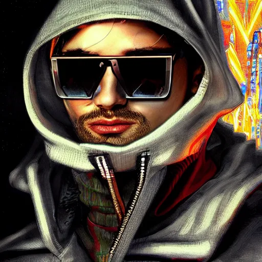 Prompt: portrait of a hooded character wearing high tech sunglasses, digital ui, by Gerald Brom and WLOP, glitch art, hacking effects, streetwear, mysterious, cityscape background, oil on canvas, centered, symmetrical, cinematic lighting, 4k, concept art, trending on artstation