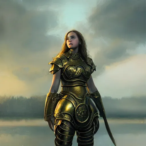 Image similar to attractive aesthetically pleasing young girl portrait, partially clothed in metal-plated battle armor, atmospheric lighting, painted, intricate, volumetric lighting, beautiful, golden hour, sharp focus, ultra detailed, by Leesha Hannigan, Ross Tran, Thierry Doizon, Kai Carpenter,Ignacio Fernández Ríos