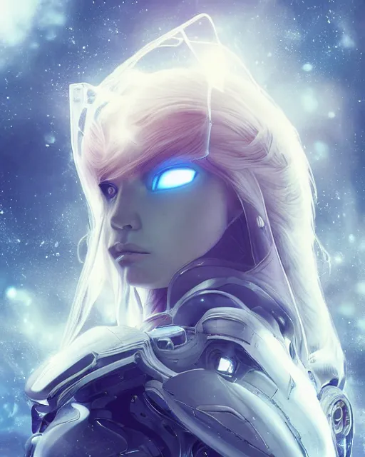 Image similar to photo of a beautiful girl on a mothership, android, warframe armor, pretty face, scifi, futuristic, galaxy, raytracing, dreamy, perfect!!!, cosmic wind, pure, long white hair, blue cyborg eyes, glow, insanely detailed, artstation, innocent look, art by gauthier leblanc, kazuya takahashi, huifeng huang