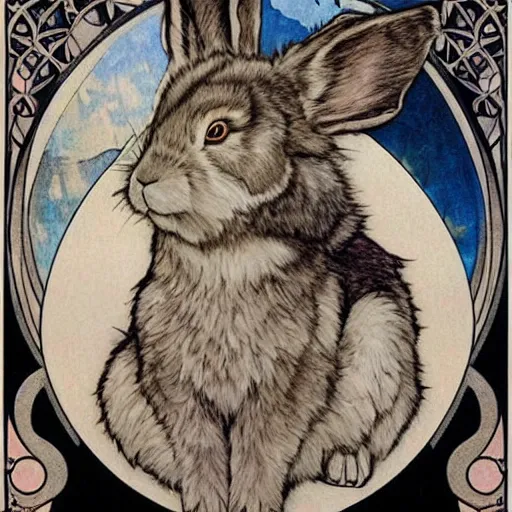 Prompt: a rabbit wolf poster, mucha