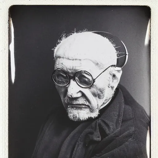 Image similar to a realistic polaroid photo of an old man after a failed experiment inside a laboratory, the head of the old man is deformed and dark, evil god, smoke, fire, demon, cosmic horror