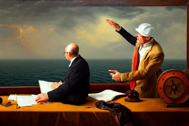 Image similar to ( ( a beautiful 8 k photorealistic masterpiece oil painting ) ( of ( a man lecturing on navigation while the ship is going down ) ) ( hyperrealism ) ( 1 6 k ) ( trending on artstation )