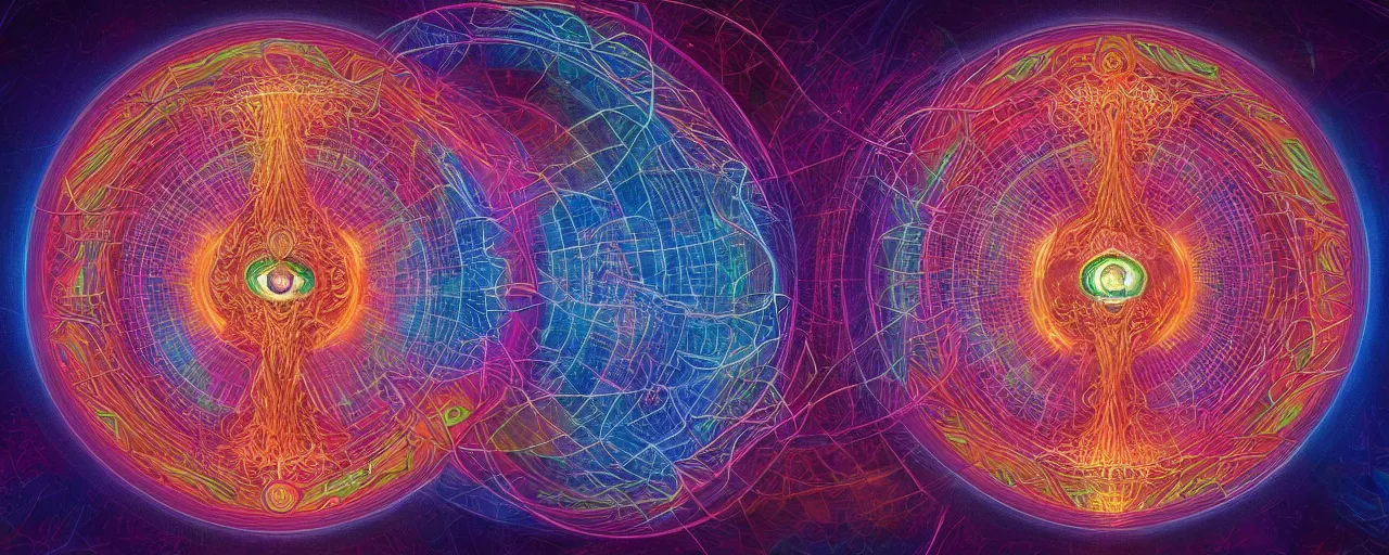 Image similar to transcendence into collaborative intelligence, endless collaboration with ai, connectedness, body, by alex grey, album cover, award winning, beautiful, colorful, volumetric lighting, trending on artstation, cinematic