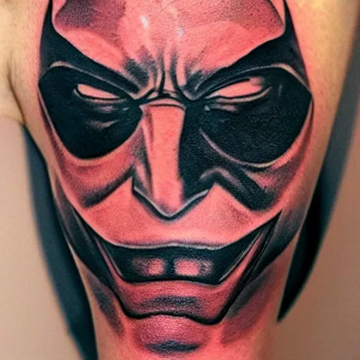 Prompt: tattoo of a half left face batman and half right face joker