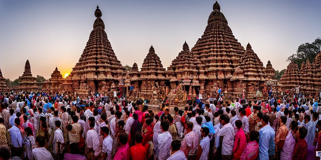 Prompt: an award winning wide angle photo of a giant and intricately carved stone Ghanesha temple, at sunset, punja ritual, crowds of humble worshipers present offerings, beautiful, inspiring